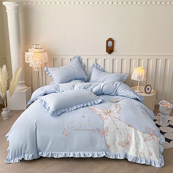 91家纺网 家纺一手货源 找家纺 可以家居 2025新款四季款韩版水洗棉澳棉刺绣四件套 玛格丽繁星蓝