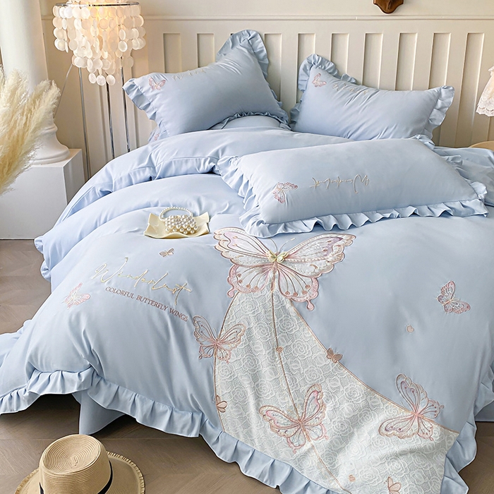 91家纺网 家纺一手货源 找家纺 可以家居 2025新款四季款韩版水洗棉澳棉刺绣四件套 玛格丽繁星蓝