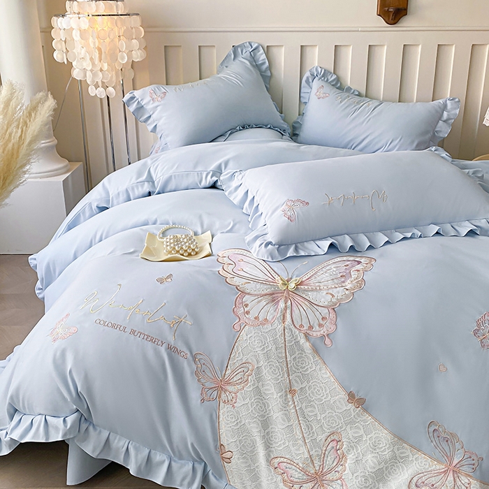 91家纺网 家纺一手货源 找家纺 可以家居 2025新款四季款韩版水洗棉澳棉刺绣四件套 玛格丽繁星蓝