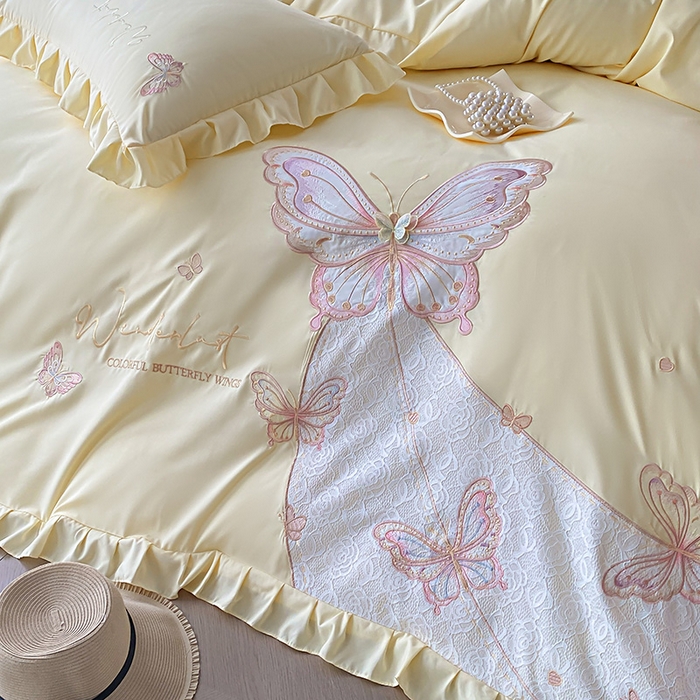 91家纺网 家纺一手货源 找家纺 可以家居 2025新款四季款韩版水洗棉澳棉刺绣四件套 玛格丽奶油黄