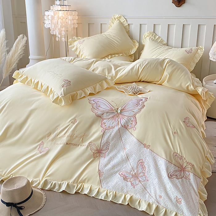 91家纺网 家纺一手货源 找家纺 可以家居 2025新款四季款韩版水洗棉澳棉刺绣四件套 玛格丽奶油黄