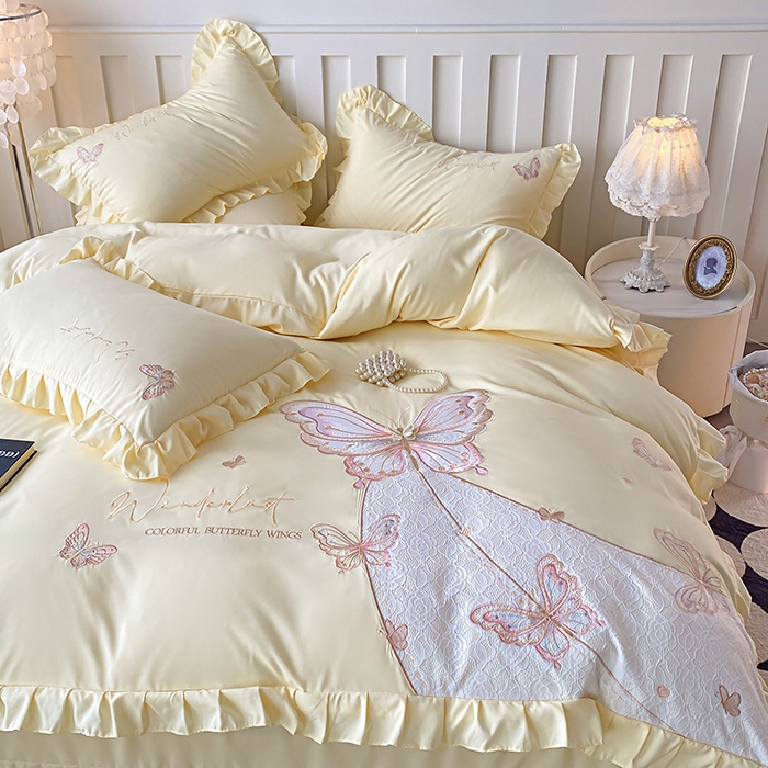 91家纺网 家纺一手货源 找家纺 可以家居 2025新款四季款韩版水洗棉澳棉刺绣四件套 玛格丽奶油黄