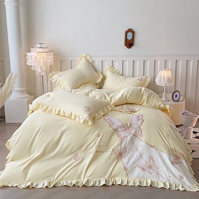 91家纺网 家纺一手货源 找家纺 可以家居 2025新款四季款韩版水洗棉澳棉刺绣四件套 玛格丽奶油黄