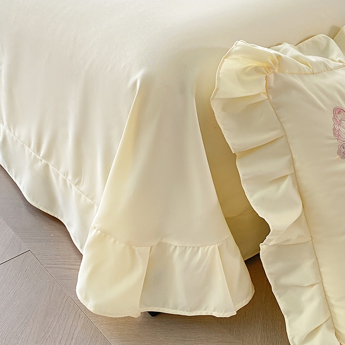 91家纺网 家纺一手货源 找家纺 可以家居 2025新款四季款韩版水洗棉澳棉刺绣四件套 玛格丽奶油黄