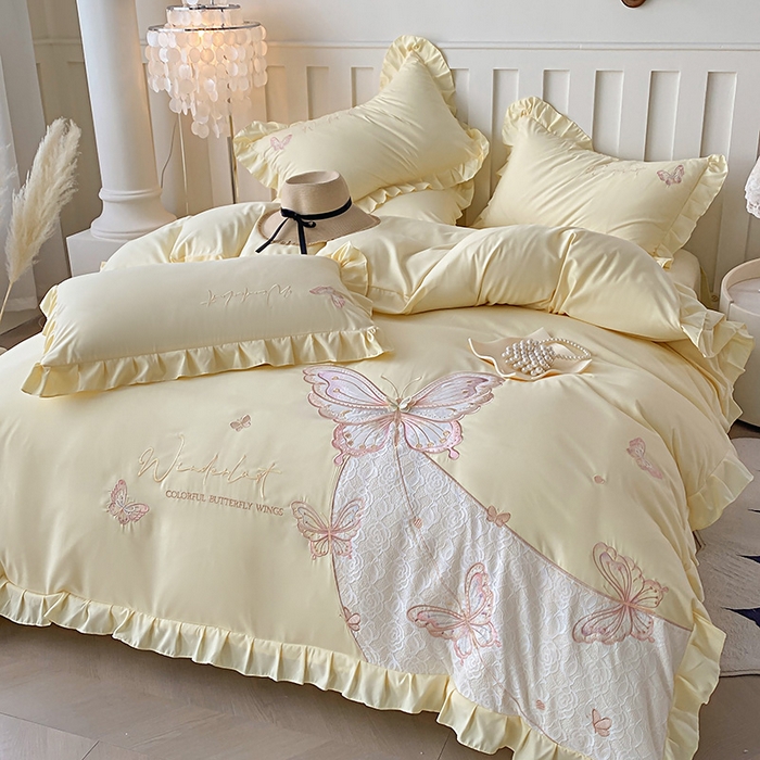 91家纺网 家纺一手货源 找家纺 可以家居 2025新款四季款韩版水洗棉澳棉刺绣四件套 玛格丽奶油黄