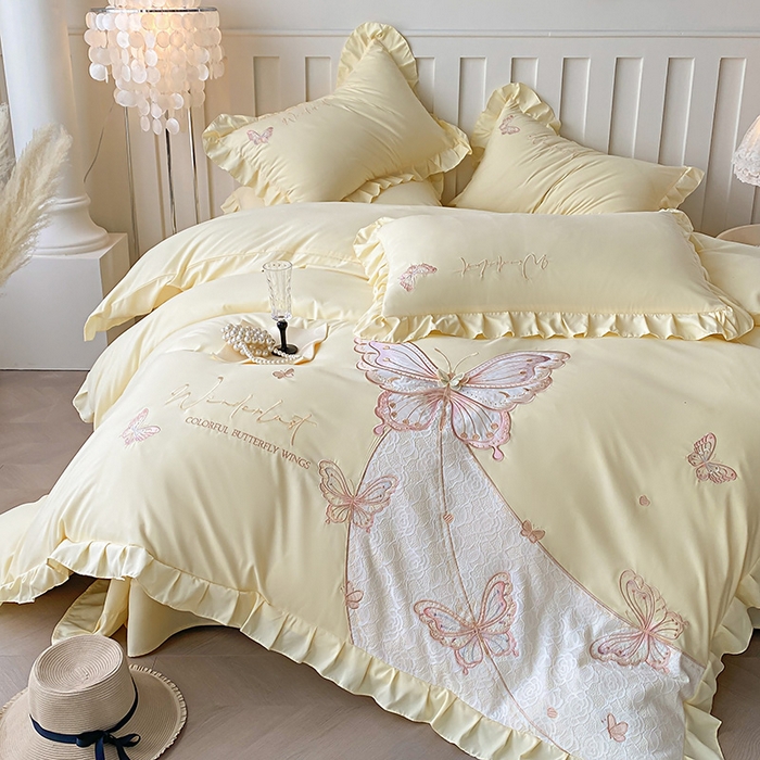 91家纺网 家纺一手货源 找家纺 可以家居 2025新款四季款韩版水洗棉澳棉刺绣四件套 玛格丽奶油黄