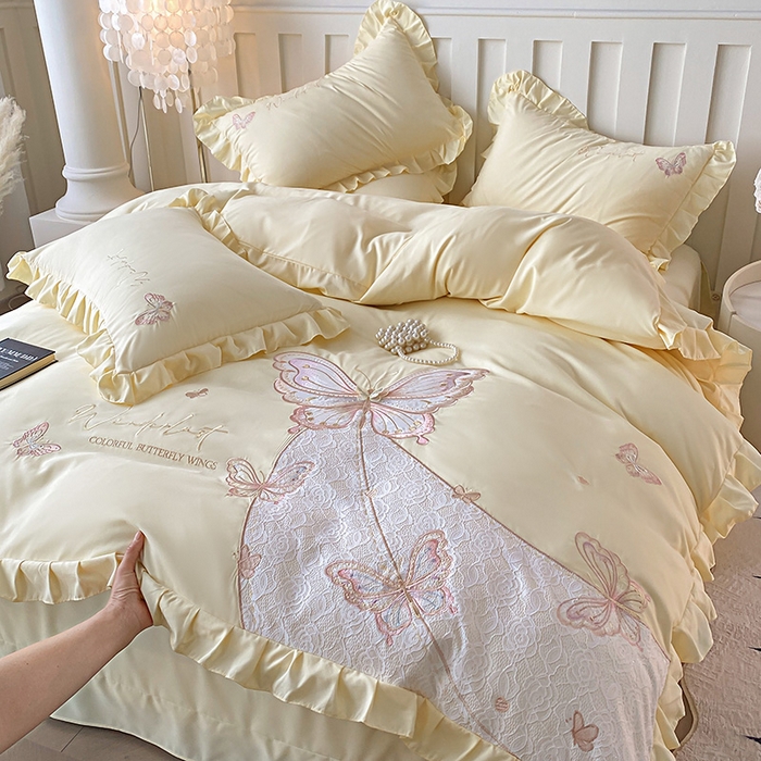 91家纺网 家纺一手货源 找家纺 可以家居 2025新款四季款韩版水洗棉澳棉刺绣四件套 玛格丽奶油黄