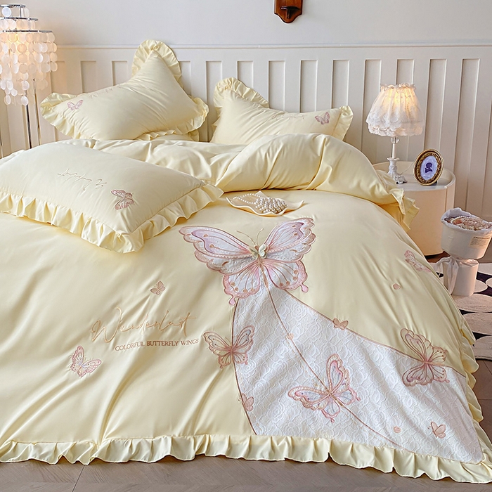 91家纺网 家纺一手货源 找家纺 可以家居 2025新款四季款韩版水洗棉澳棉刺绣四件套 玛格丽奶油黄