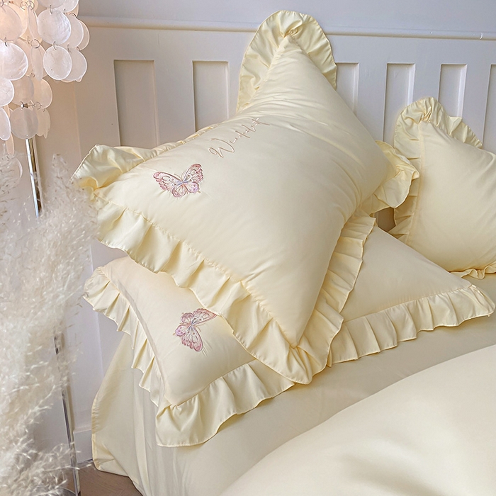 91家纺网 家纺一手货源 找家纺 可以家居 2025新款四季款韩版水洗棉澳棉刺绣四件套 玛格丽奶油黄