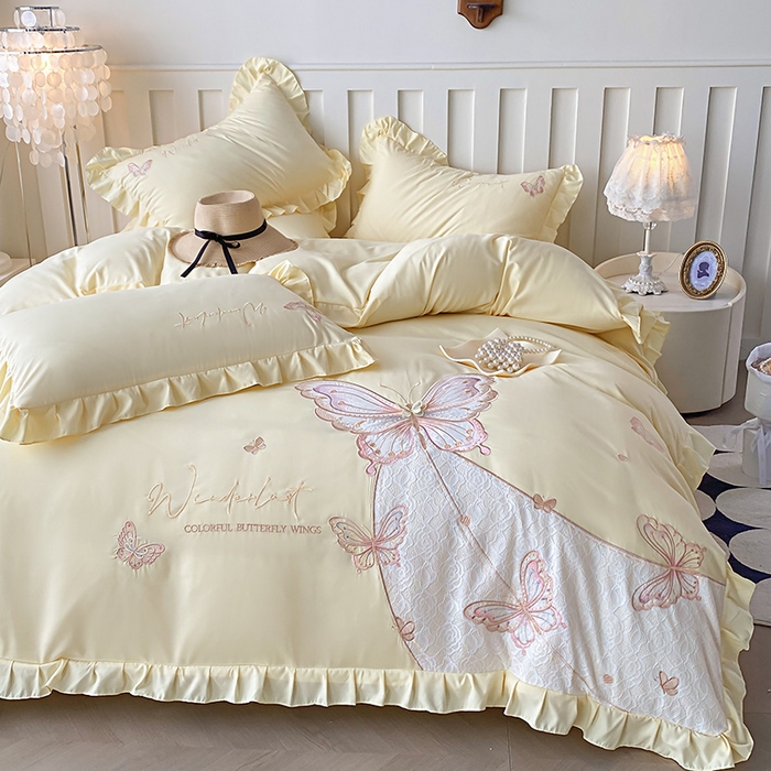 91家纺网 家纺一手货源 找家纺 可以家居 2025新款四季款韩版水洗棉澳棉刺绣四件套 玛格丽奶油黄