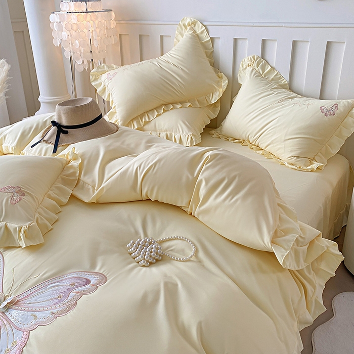 91家纺网 家纺一手货源 找家纺 可以家居 2025新款四季款韩版水洗棉澳棉刺绣四件套 玛格丽奶油黄