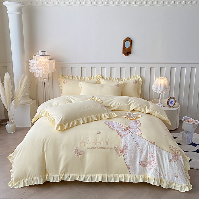 91家纺网 家纺一手货源 找家纺 可以家居 2025新款四季款韩版水洗棉澳棉刺绣四件套 玛格丽奶油黄