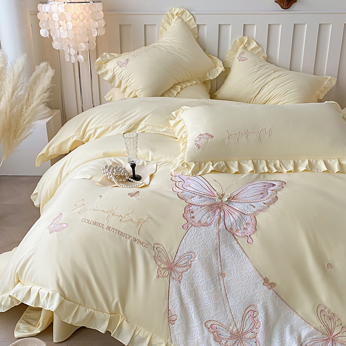 91家纺网 家纺一手货源 找家纺 可以家居 2025新款四季款韩版水洗棉澳棉刺绣四件套 玛格丽奶油黄