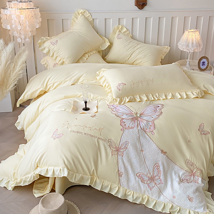 91家纺网 家纺一手货源 找家纺 可以家居 2025新款四季款韩版水洗棉澳棉刺绣四件套 玛格丽奶油黄