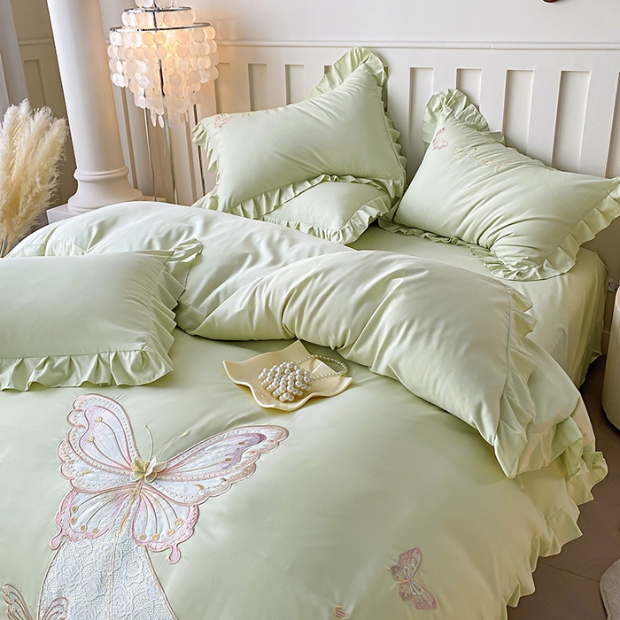 91家纺网 家纺一手货源 找家纺 可以家居 2025新款四季款韩版水洗棉澳棉刺绣四件套 玛格丽新芽绿