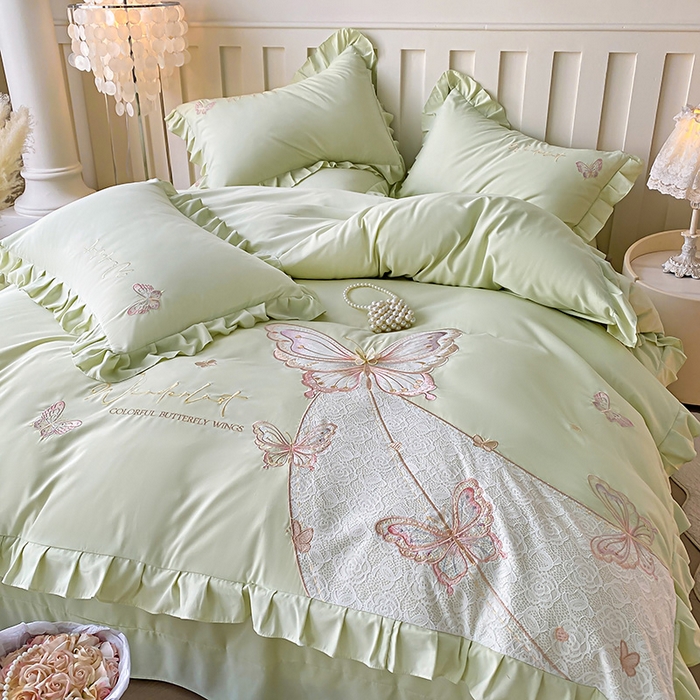 91家纺网 家纺一手货源 找家纺 可以家居 2025新款四季款韩版水洗棉澳棉刺绣四件套 玛格丽新芽绿