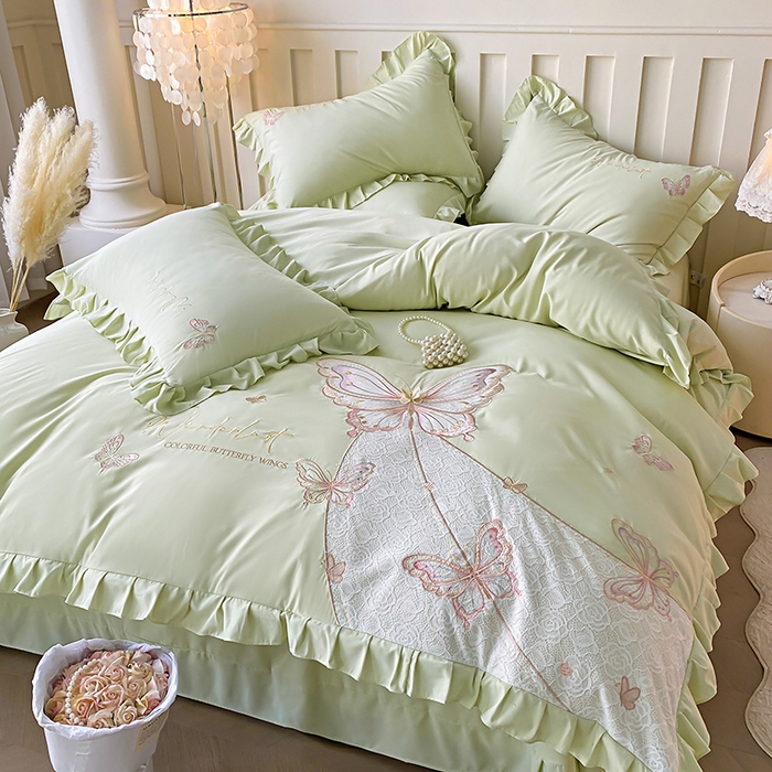 91家纺网 家纺一手货源 找家纺 可以家居 2025新款四季款韩版水洗棉澳棉刺绣四件套 玛格丽新芽绿