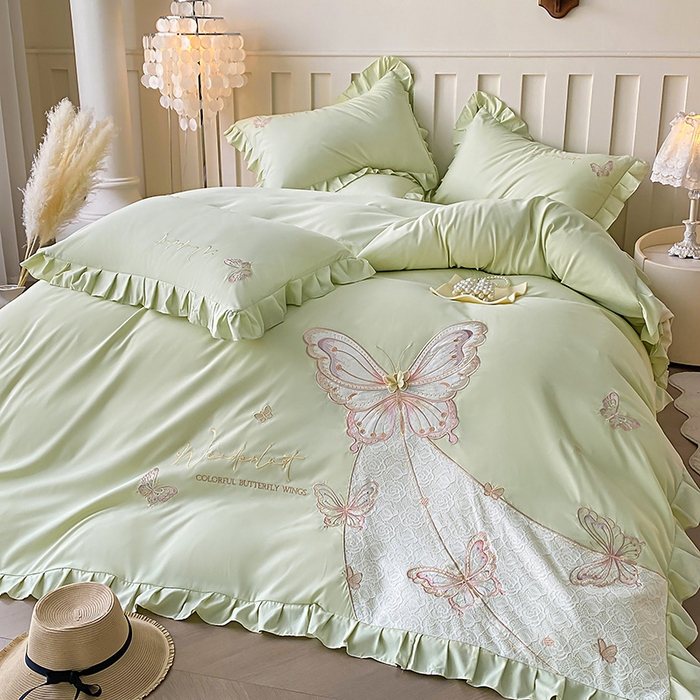 91家纺网 家纺一手货源 找家纺 可以家居 2025新款四季款韩版水洗棉澳棉刺绣四件套 玛格丽新芽绿