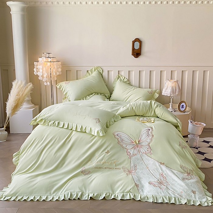 91家纺网 家纺一手货源 找家纺 可以家居 2025新款四季款韩版水洗棉澳棉刺绣四件套 玛格丽新芽绿