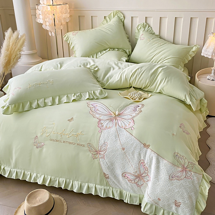 91家纺网 家纺一手货源 找家纺 可以家居 2025新款四季款韩版水洗棉澳棉刺绣四件套 玛格丽新芽绿