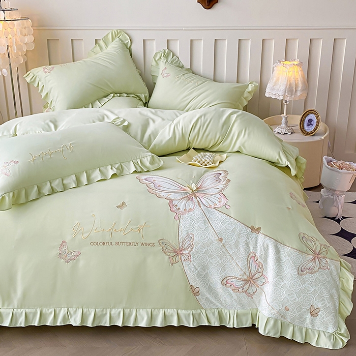 91家纺网 家纺一手货源 找家纺 可以家居 2025新款四季款韩版水洗棉澳棉刺绣四件套 玛格丽新芽绿