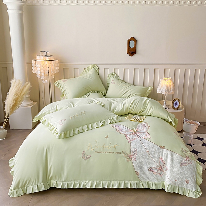 91家纺网 家纺一手货源 找家纺 可以家居 2025新款四季款韩版水洗棉澳棉刺绣四件套 玛格丽新芽绿