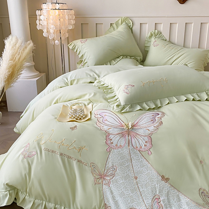 91家纺网 家纺一手货源 找家纺 可以家居 2025新款四季款韩版水洗棉澳棉刺绣四件套 玛格丽新芽绿