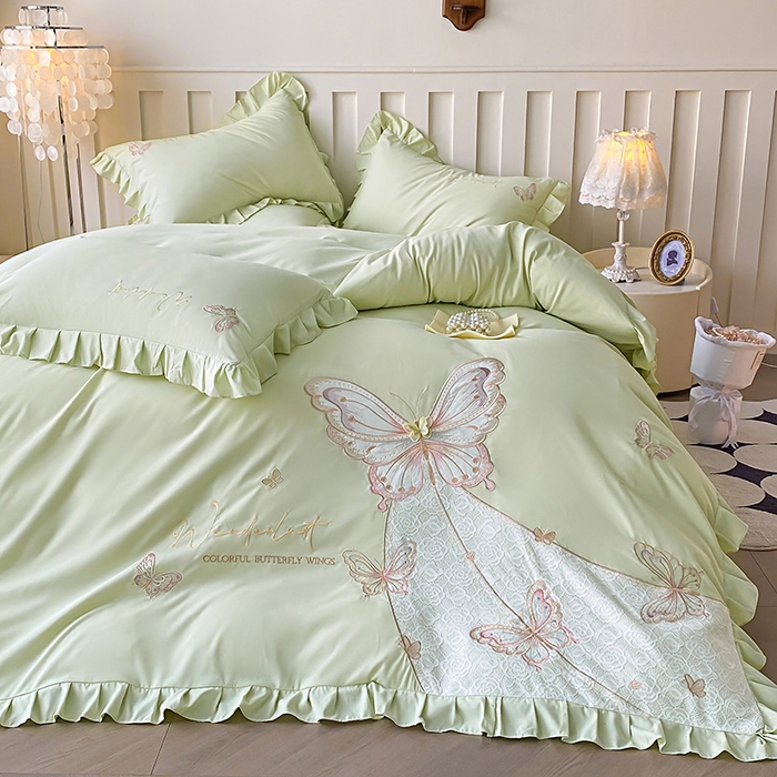 91家纺网 家纺一手货源 找家纺 可以家居 2025新款四季款韩版水洗棉澳棉刺绣四件套 玛格丽新芽绿