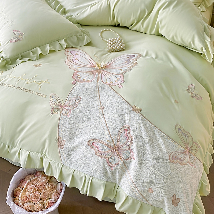 91家纺网 家纺一手货源 找家纺 可以家居 2025新款四季款韩版水洗棉澳棉刺绣四件套 玛格丽新芽绿