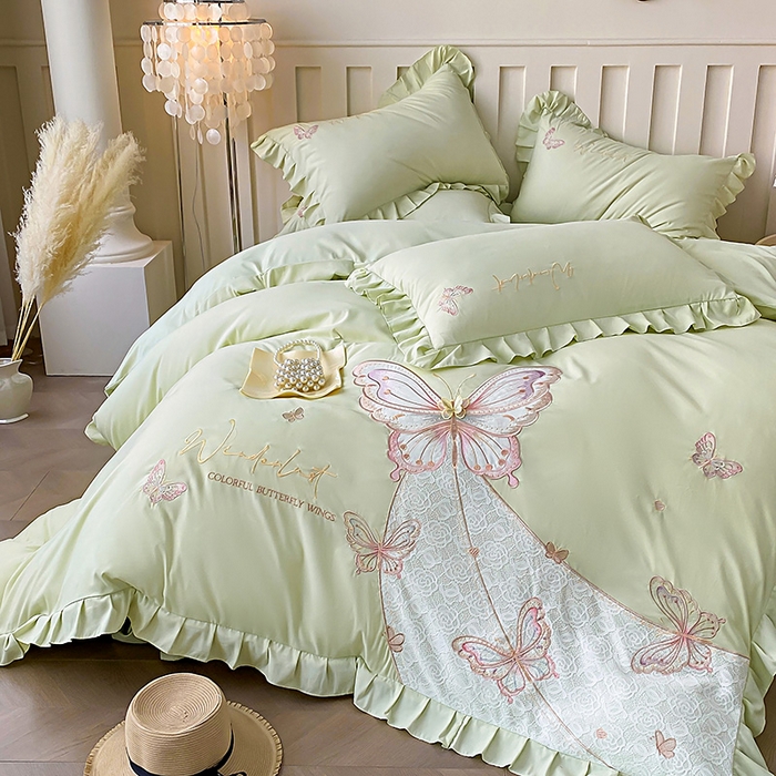 91家纺网 家纺一手货源 找家纺 可以家居 2025新款四季款韩版水洗棉澳棉刺绣四件套 玛格丽新芽绿