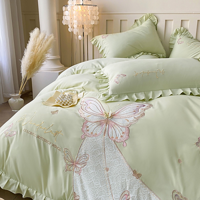 91家纺网 家纺一手货源 找家纺 可以家居 2025新款四季款韩版水洗棉澳棉刺绣四件套 玛格丽新芽绿