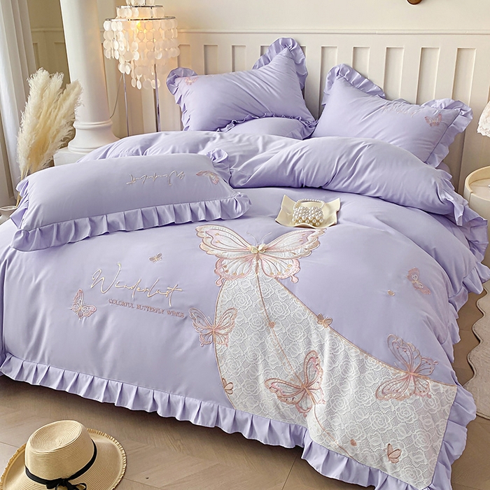 91家纺网 家纺一手货源 找家纺 可以家居 2025新款四季款韩版水洗棉澳棉刺绣四件套 玛格丽优雅紫