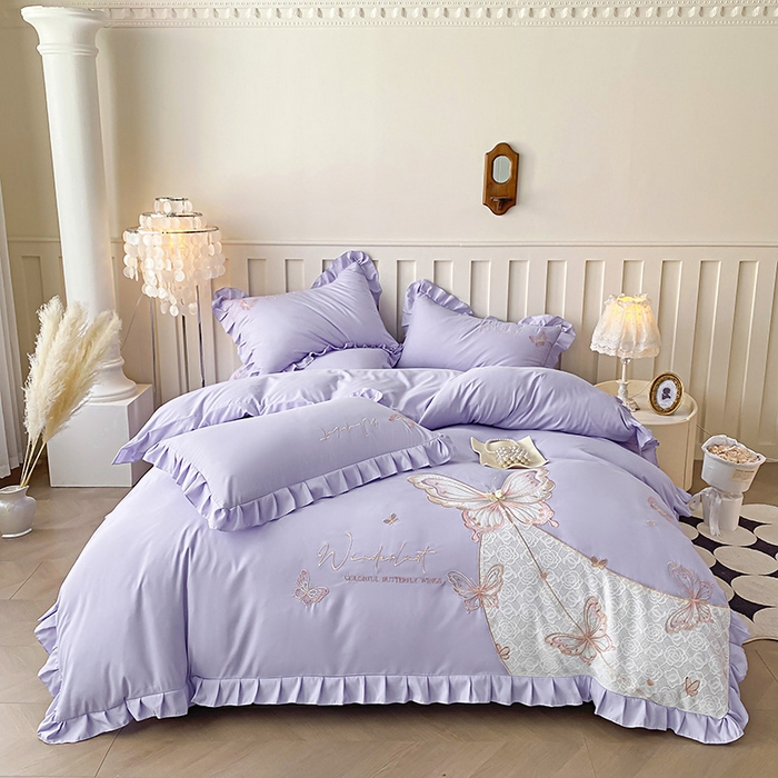 91家纺网 家纺一手货源 找家纺 可以家居 2025新款四季款韩版水洗棉澳棉刺绣四件套 玛格丽优雅紫