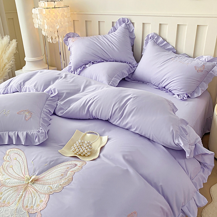 91家纺网 家纺一手货源 找家纺 可以家居 2025新款四季款韩版水洗棉澳棉刺绣四件套 玛格丽优雅紫