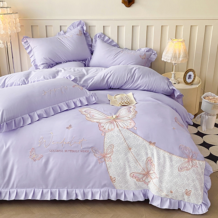 91家纺网 家纺一手货源 找家纺 可以家居 2025新款四季款韩版水洗棉澳棉刺绣四件套 玛格丽优雅紫