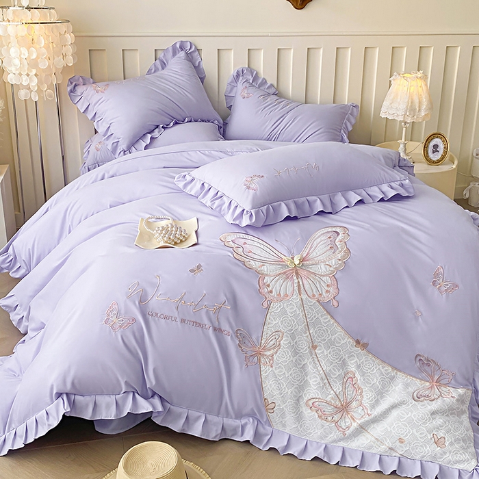 91家纺网 家纺一手货源 找家纺 可以家居 2025新款四季款韩版水洗棉澳棉刺绣四件套 玛格丽优雅紫