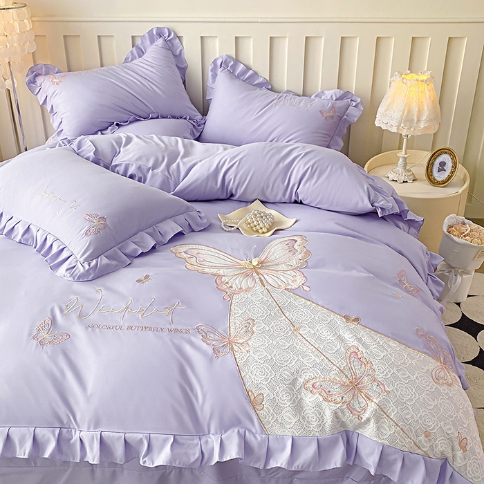 91家纺网 家纺一手货源 找家纺 可以家居 2025新款四季款韩版水洗棉澳棉刺绣四件套 玛格丽优雅紫