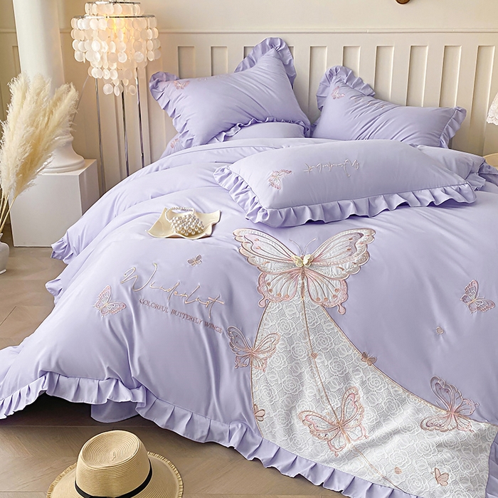 91家纺网 家纺一手货源 找家纺 可以家居 2025新款四季款韩版水洗棉澳棉刺绣四件套 玛格丽优雅紫