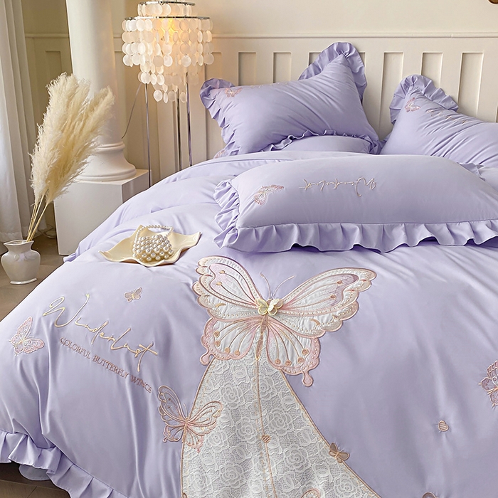 91家纺网 家纺一手货源 找家纺 可以家居 2025新款四季款韩版水洗棉澳棉刺绣四件套 玛格丽优雅紫