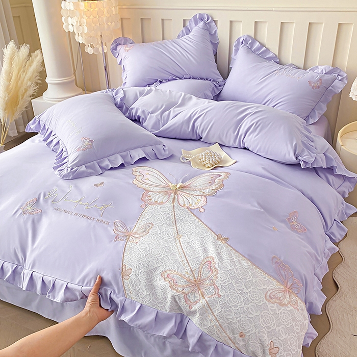 91家纺网 家纺一手货源 找家纺 可以家居 2025新款四季款韩版水洗棉澳棉刺绣四件套 玛格丽优雅紫