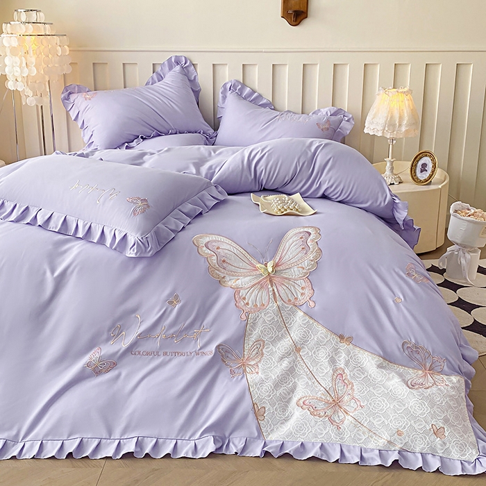 91家纺网 家纺一手货源 找家纺 可以家居 2025新款四季款韩版水洗棉澳棉刺绣四件套 玛格丽优雅紫