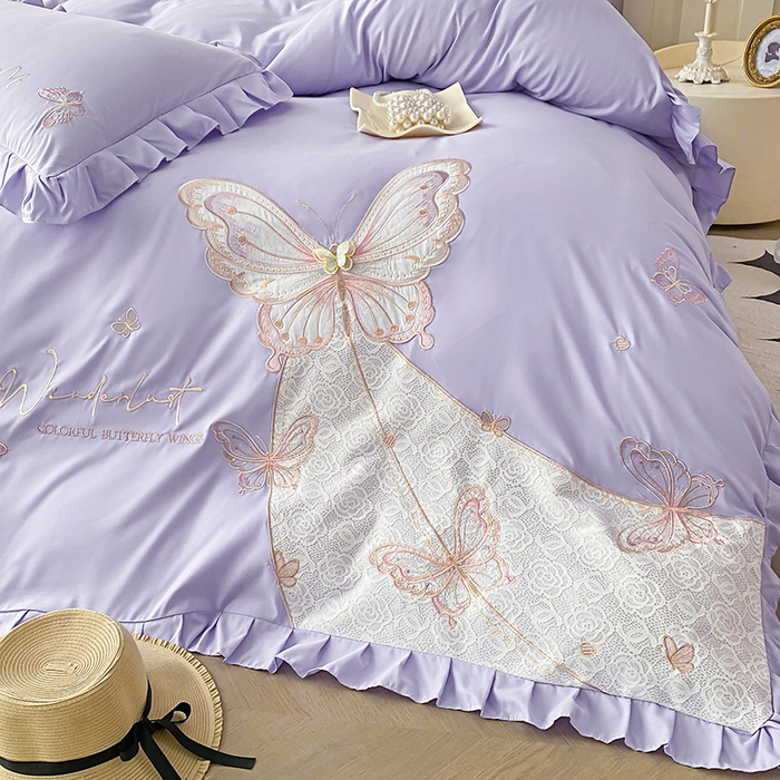 91家纺网 家纺一手货源 找家纺 可以家居 2025新款四季款韩版水洗棉澳棉刺绣四件套 玛格丽优雅紫