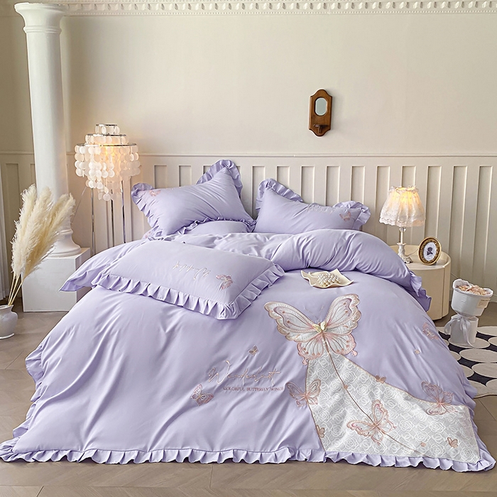 91家纺网 家纺一手货源 找家纺 可以家居 2025新款四季款韩版水洗棉澳棉刺绣四件套 玛格丽优雅紫