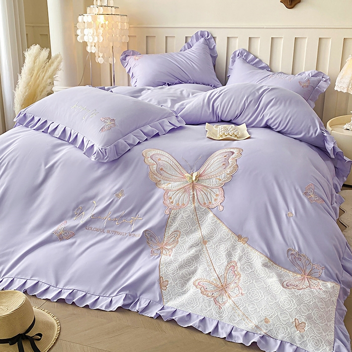 91家纺网 家纺一手货源 找家纺 可以家居 2025新款四季款韩版水洗棉澳棉刺绣四件套 玛格丽优雅紫