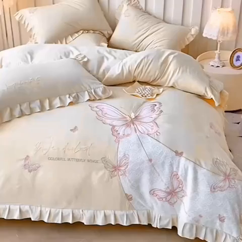 91家纺网 家纺一手货源 找家纺 可以家居 2025新款四季款韩版水洗棉澳棉刺绣四件套 玛格丽奶油黄