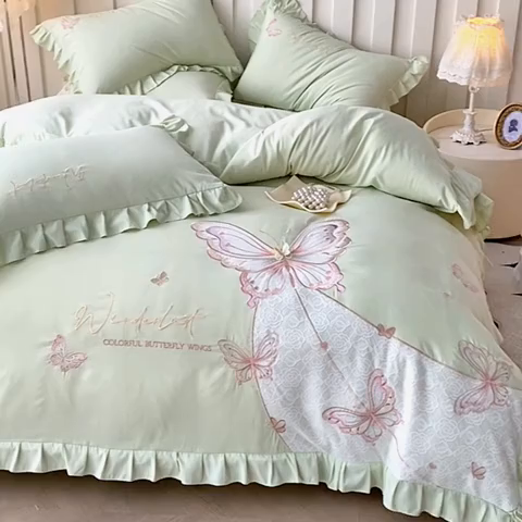 91家纺网 家纺一手货源 找家纺 可以家居 2025新款四季款韩版水洗棉澳棉刺绣四件套 玛格丽新芽绿