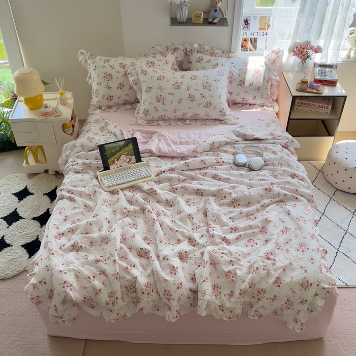 91家纺网 家纺一手货源 找家纺 希丞家居 2025新款小清新泡泡水洗棉夏被夏凉被空调被四件套 夏被-繁花