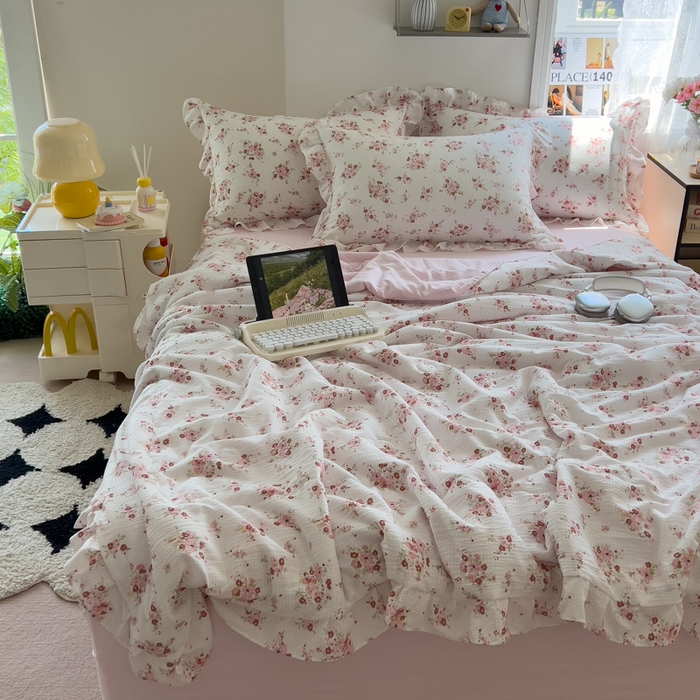 91家纺网 家纺一手货源 找家纺 希丞家居 2025新款小清新泡泡水洗棉夏被夏凉被空调被四件套 夏被-繁花