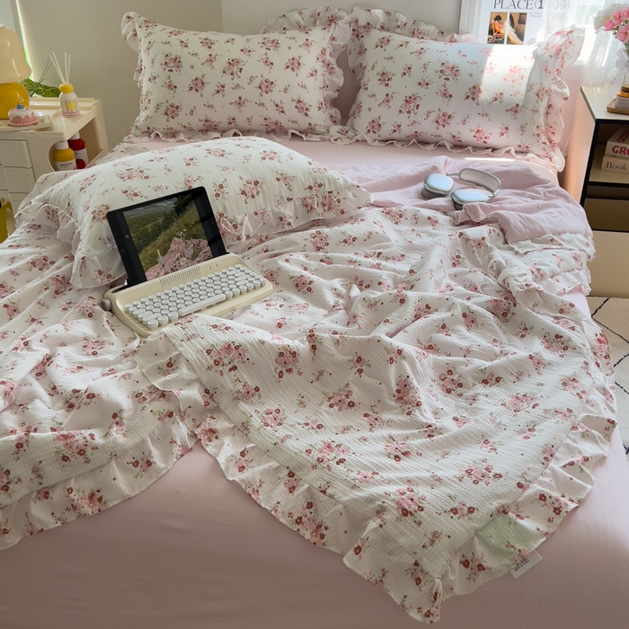 91家纺网 家纺一手货源 找家纺 希丞家居 2025新款小清新泡泡水洗棉夏被夏凉被空调被四件套 夏被-繁花