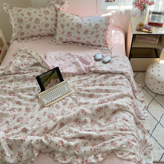 91家纺网 家纺一手货源 找家纺 希丞家居 2025新款小清新泡泡水洗棉夏被夏凉被空调被四件套 夏被-繁花